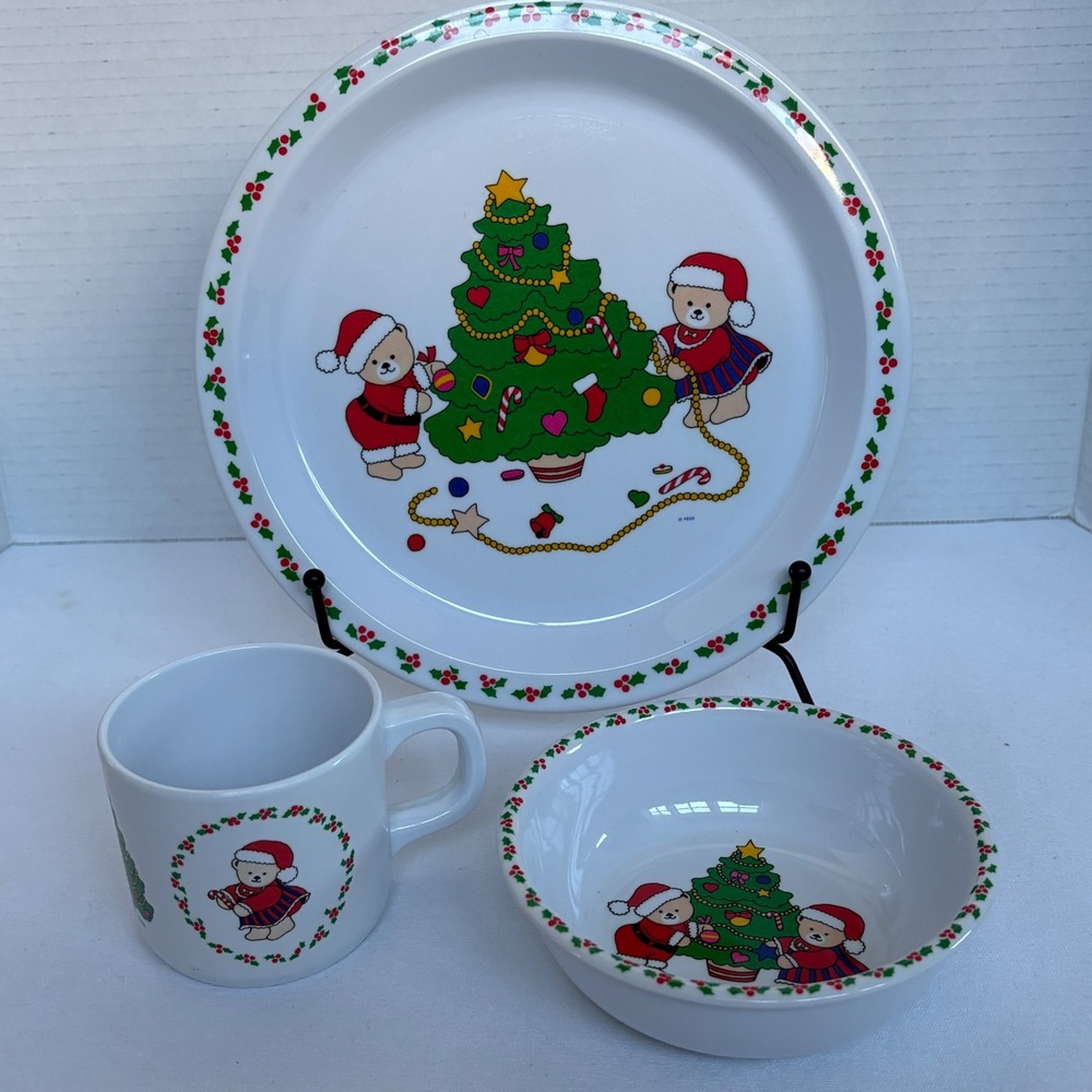 PECO Melamine Christmas Bear Christmas Tree Kids Child 3 Piece‎ Dinnerware Set